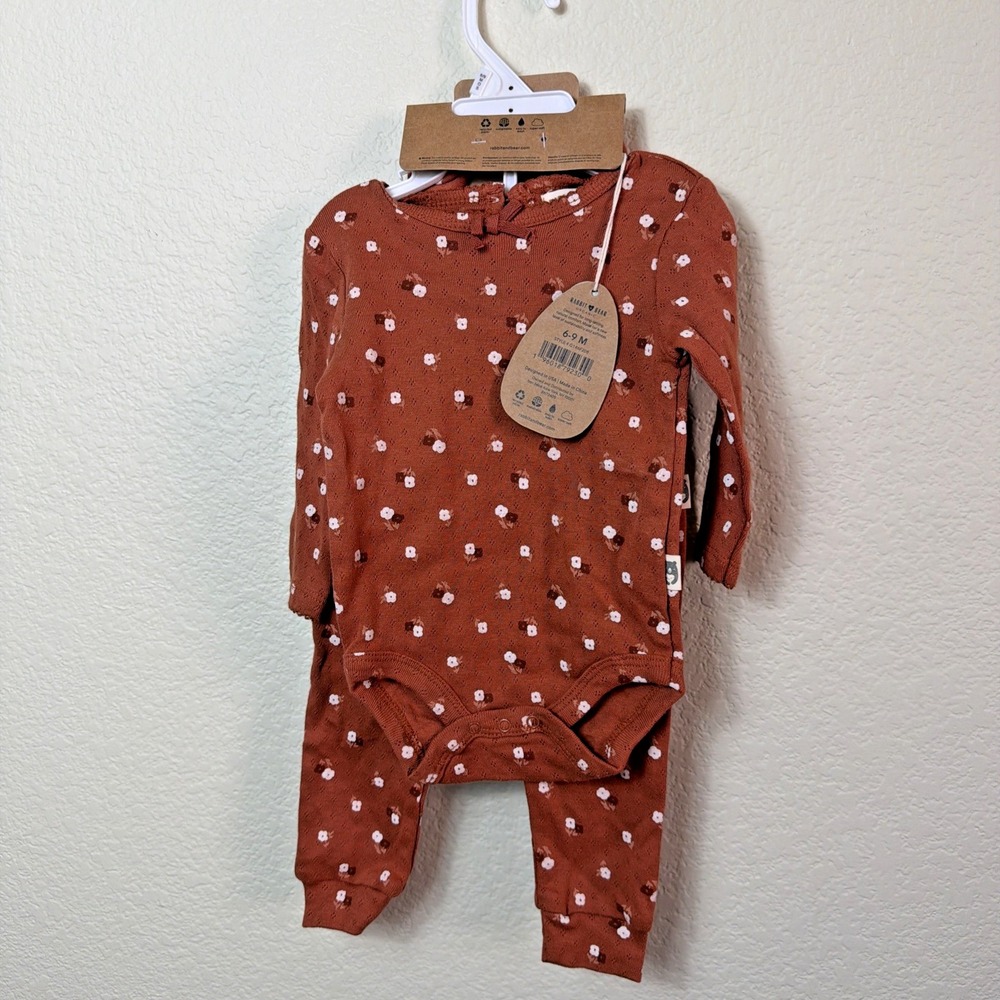 Rabbit+Bear Organic Baby Girl 3 Pc Set 6-9 M Rust Floral Bodysuit Pants Headband